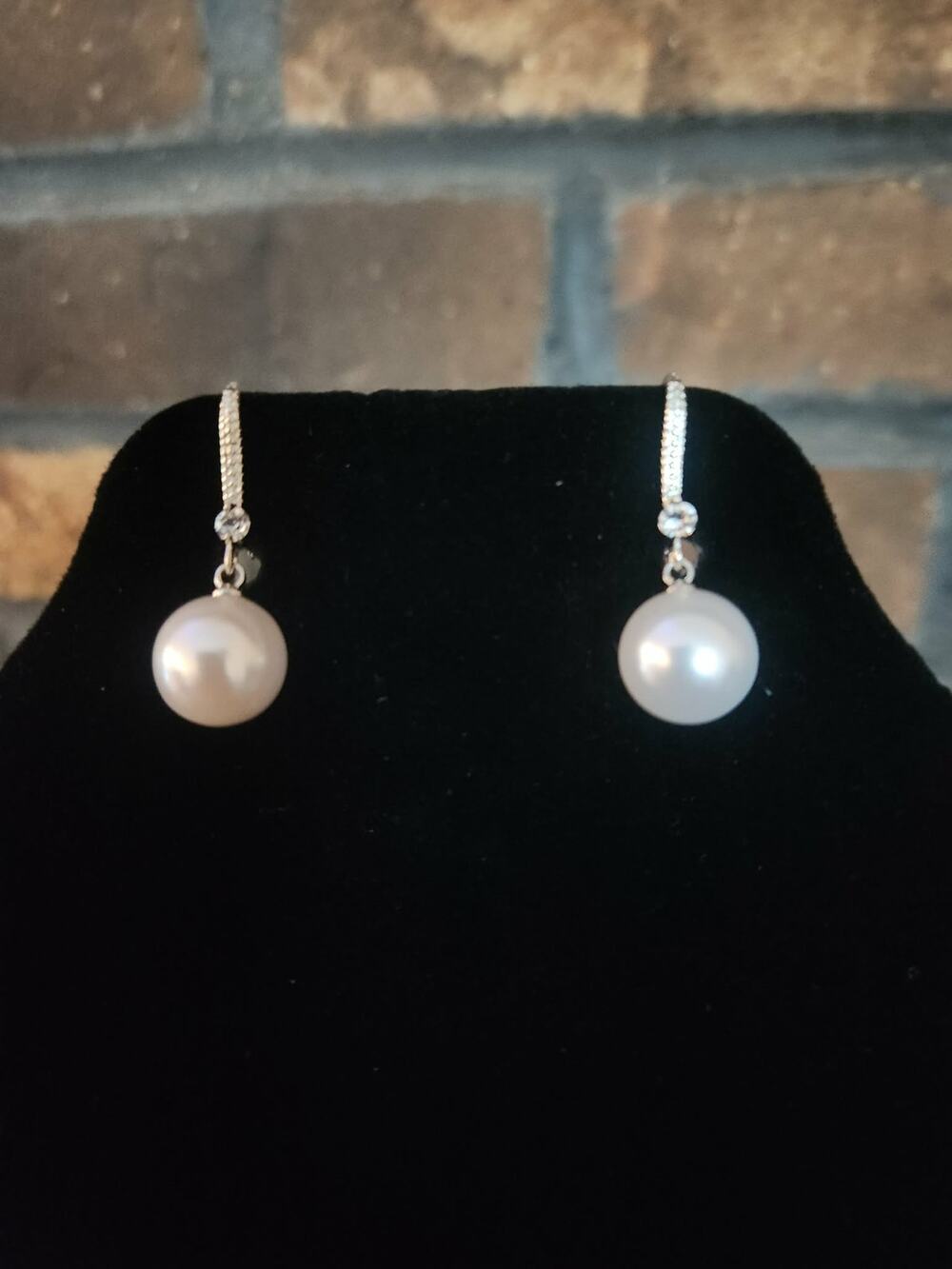 Silver Tone Drop Earrings White Faux Pearl & Sparkling Rhinestone Accents